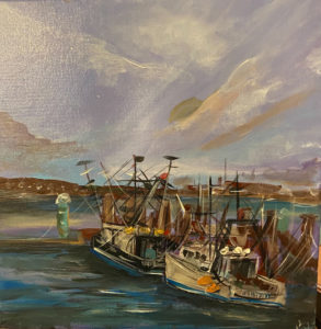 Painting of fishing fleet in Provincetown Harbor, by Leah Dewey