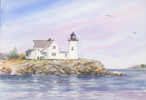 Watercolor of Wings Neck LIghthouse by Lynne Valeri